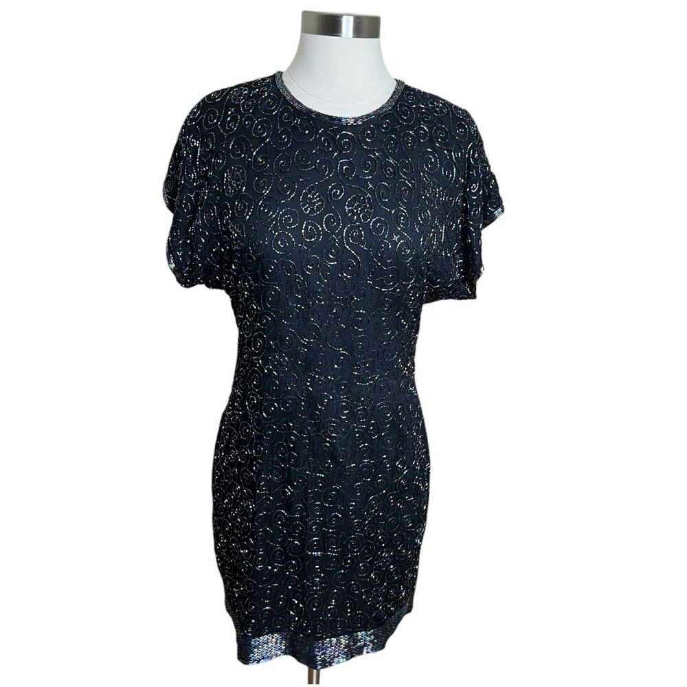 Laurence Kazar Dress Medium Petite Black Silk Rainbow Beaded Short Dolman Sleeve